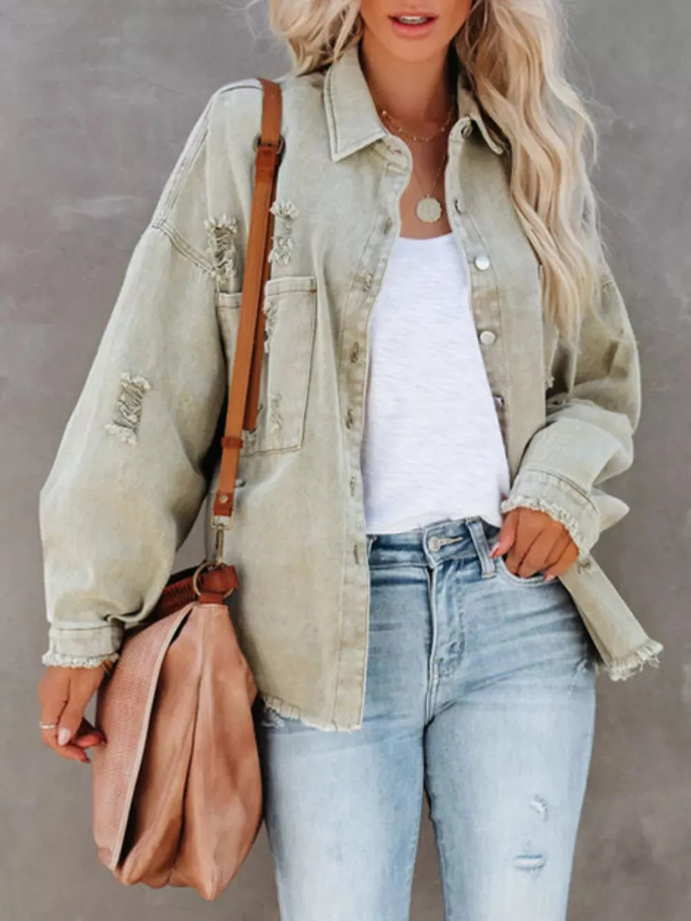 Raw Hem Button Up Denim Shacket sold by Charming Charlie product image thumbnail 3