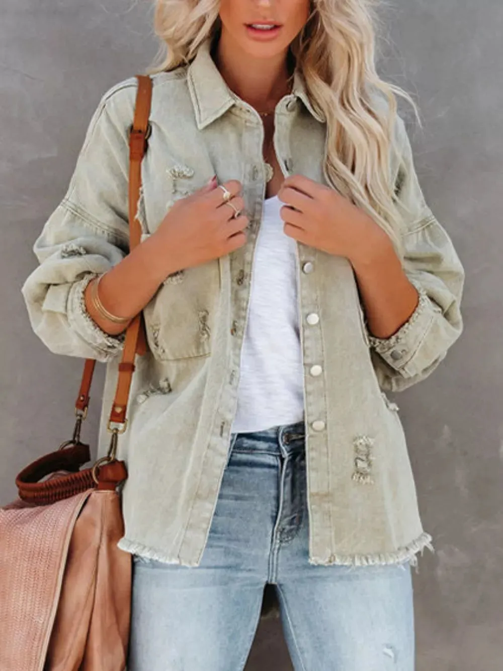 Raw Hem Button Up Denim Shacket sold by Charming Charlie product image thumbnail 4