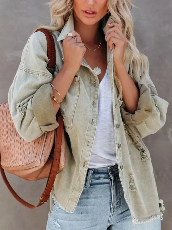Raw Hem Button Up Denim Shacket made by Trendsi