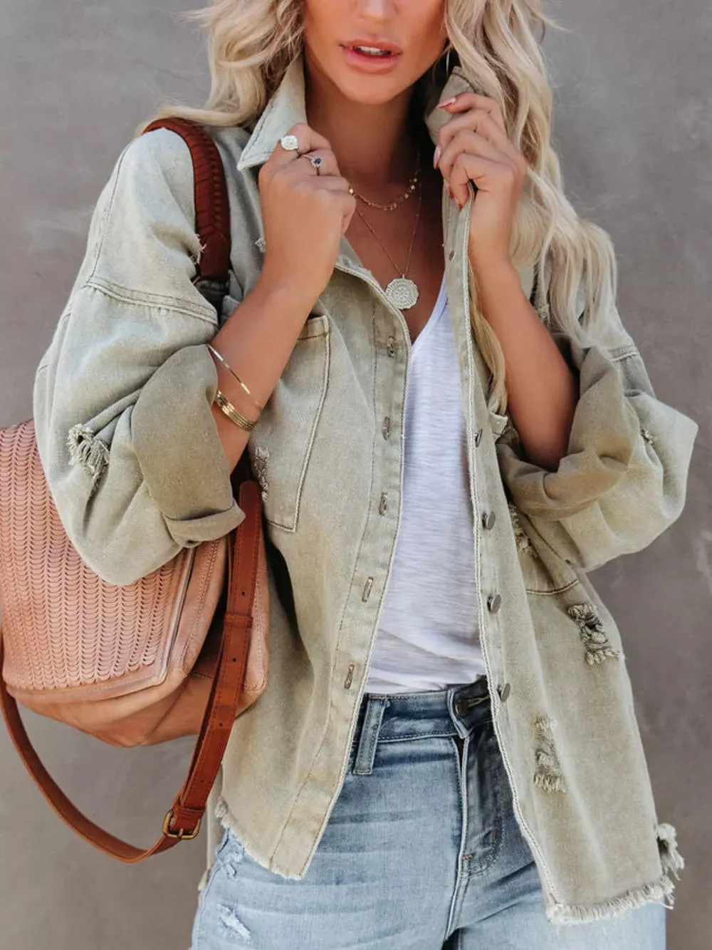 Raw Hem Button Up Denim Shacket sold by Charming Charlie