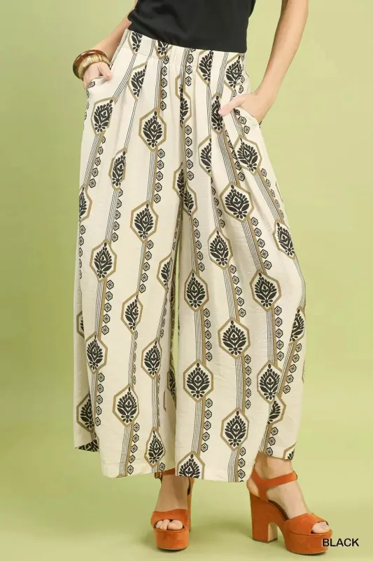 Umgee Geometric Boho Print Wide Leg Pants made by Trendsi
