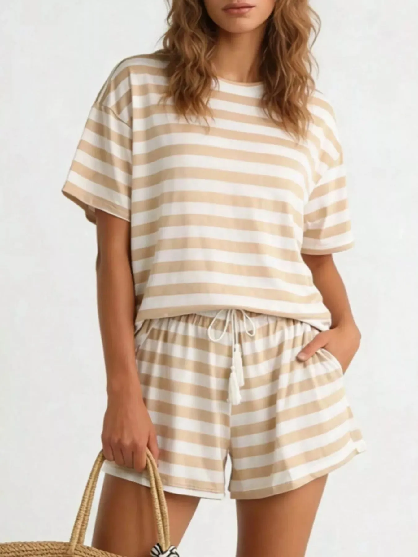 Striped Short Sleeve Tee and Drawstring Shorts Set sold by Charming Charlie