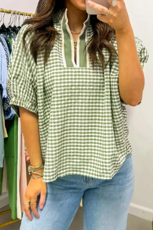 Gingham Half Sleeve Blouse made by Trendsi