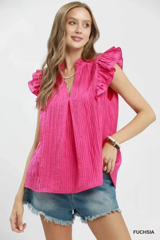 Umgee Textured Ruffle Sleeve Split V Neck Top made by Trendsi