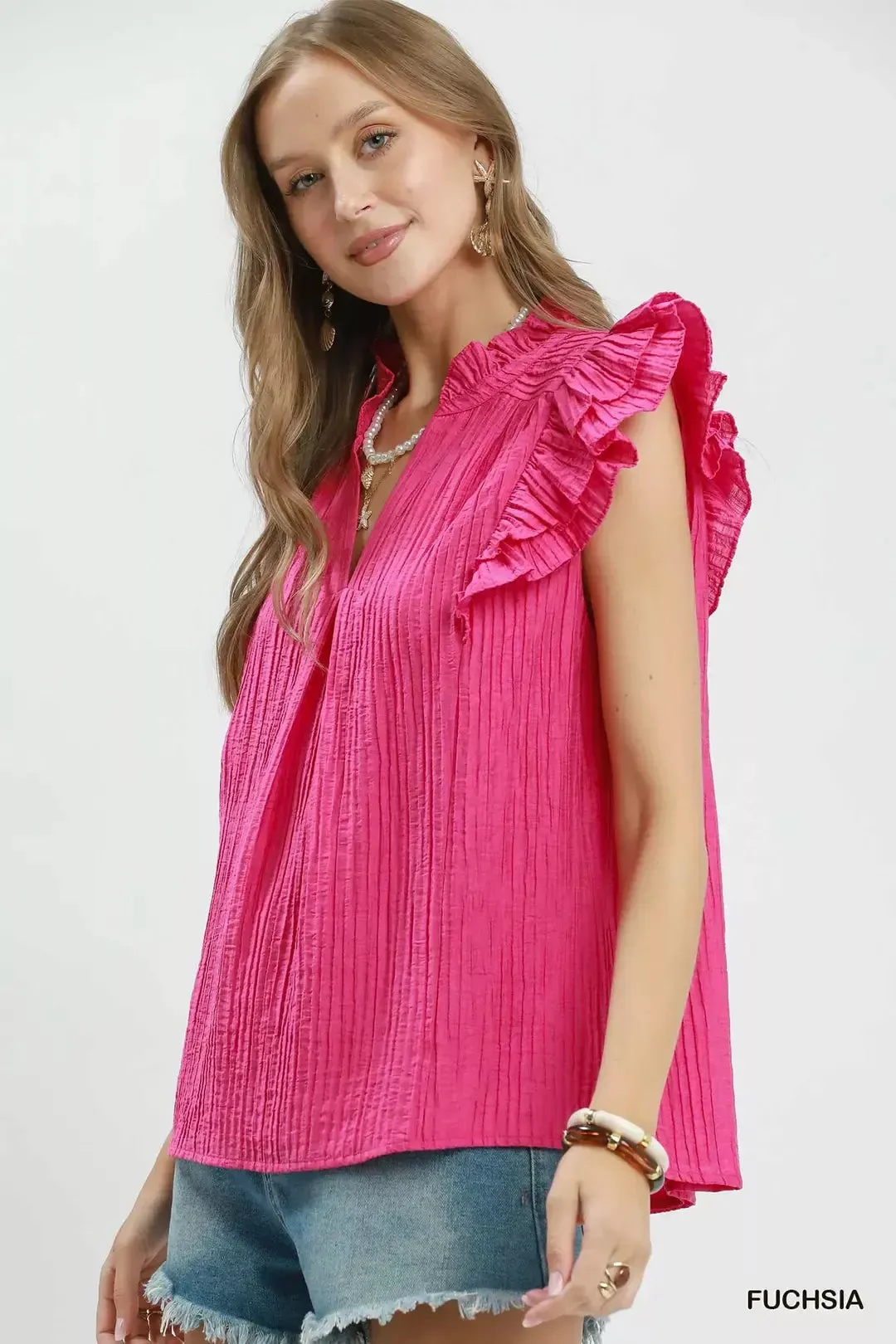 Umgee Textured Ruffle Sleeve Split V Neck Top sold by Charming Charlie product image thumbnail 2