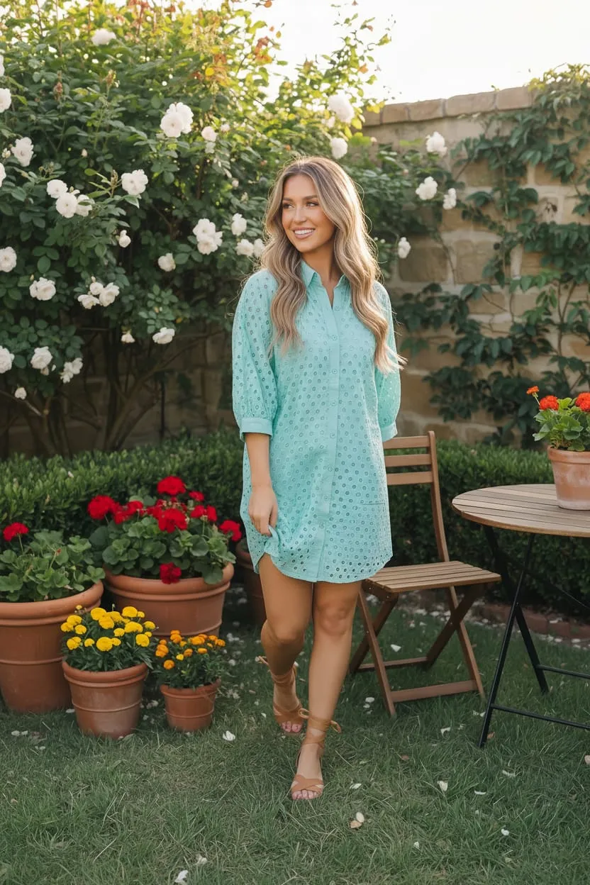 Mint Eyelet Button Front Shirt Dress sold by Charming Charlie product image thumbnail 4