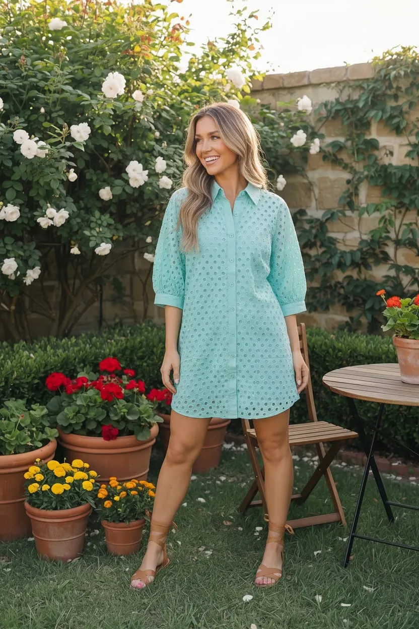 Mint Eyelet Button Front Shirt Dress sold by Charming Charlie product image thumbnail 2