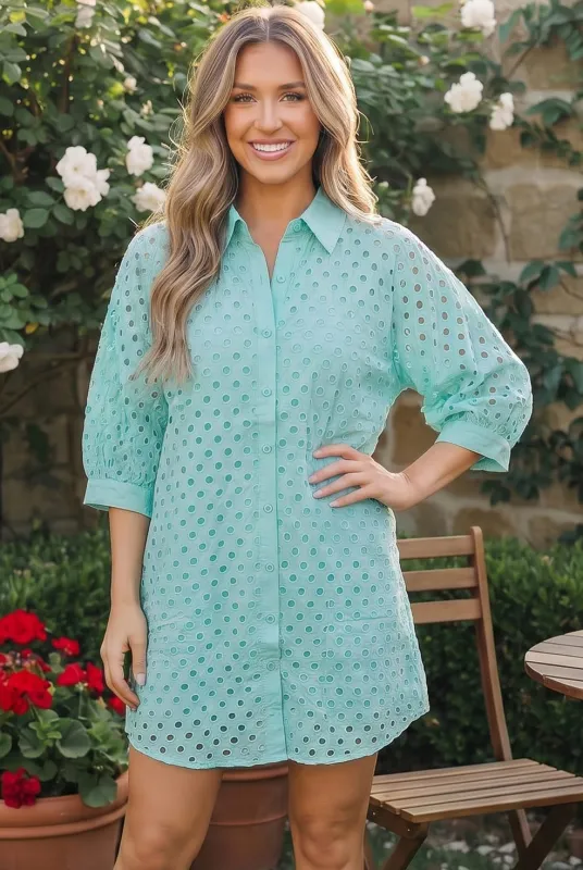 Mint Eyelet Button Front Shirt Dress made by JODIFL
