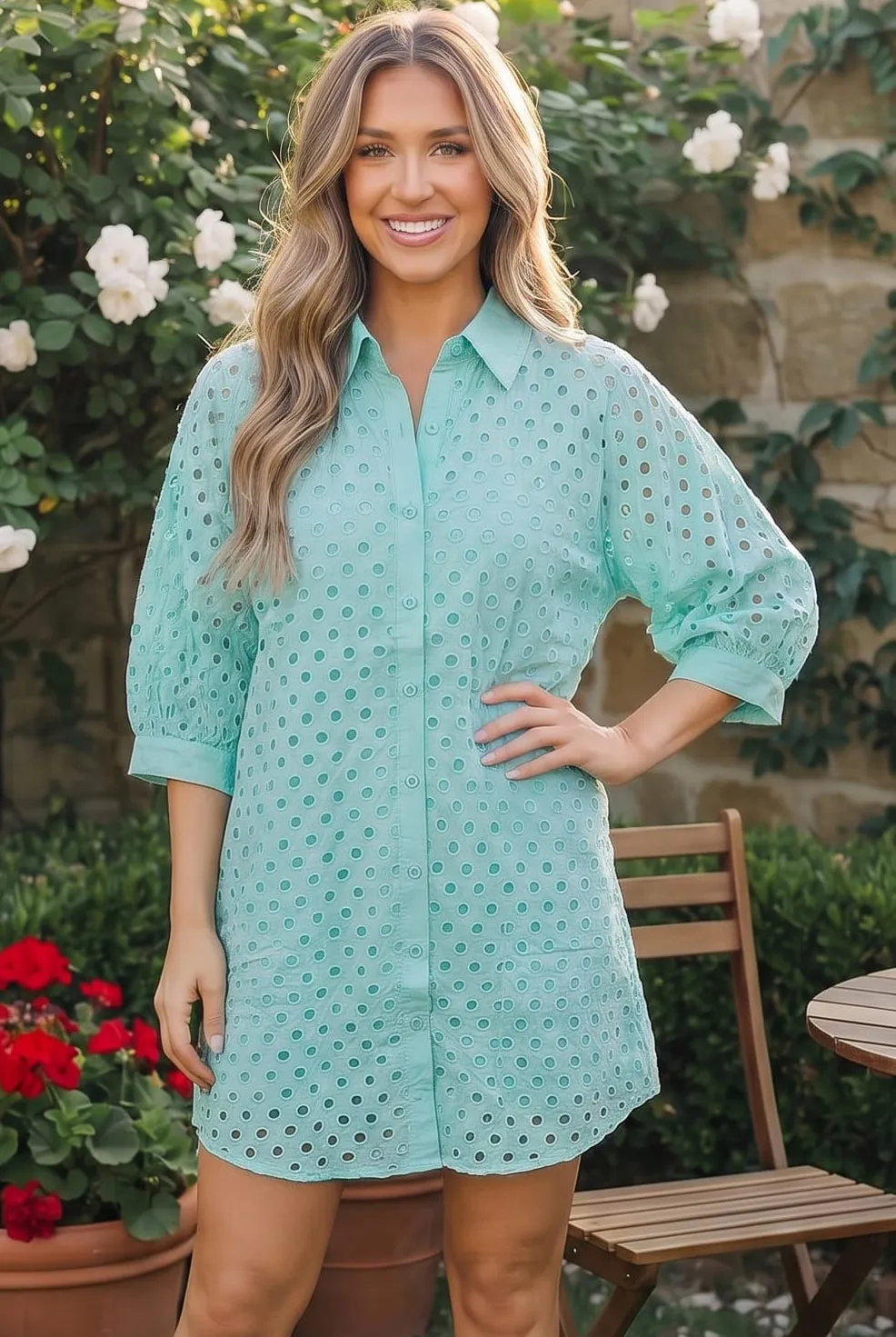 Mint Eyelet Button Front Shirt Dress sold by Charming Charlie