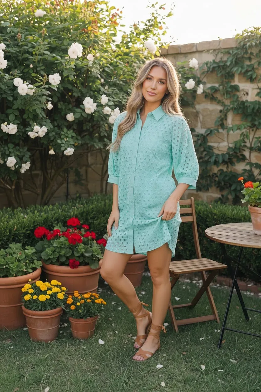 Mint Eyelet Button Front Shirt Dress sold by Charming Charlie product image thumbnail 3