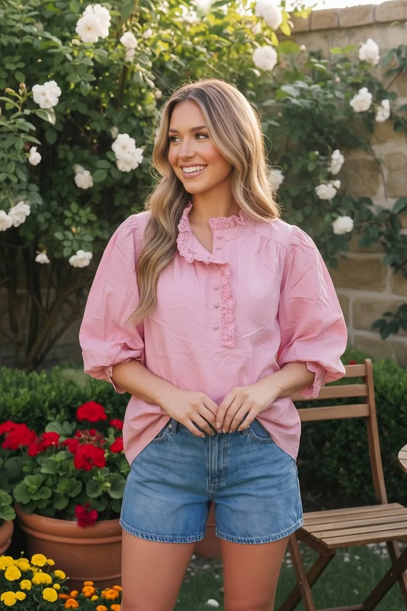 Pretty in Pink Puff Sleeve Button Top sold by Charming Charlie product image thumbnail 2