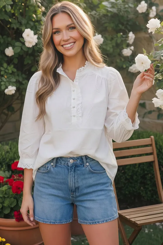 Pretty in White Puff Sleeve Button Top sold by Charming Charlie