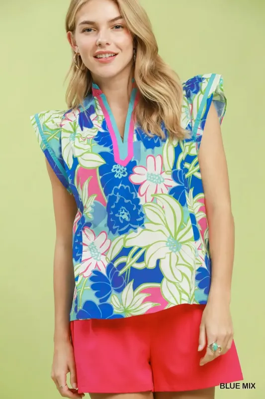Umgee Bold Floral Flutter Sleeve Top made by Trendsi