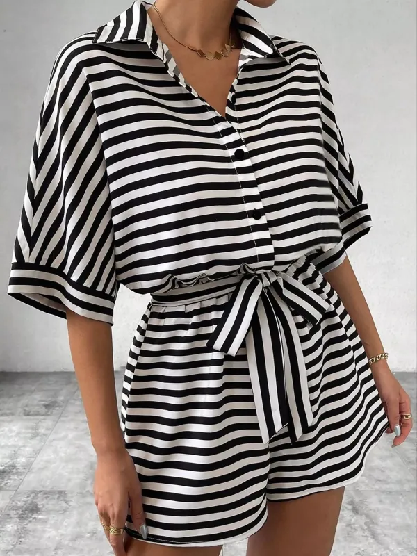 Striped Button-Up Belted Romper made by Trendsi