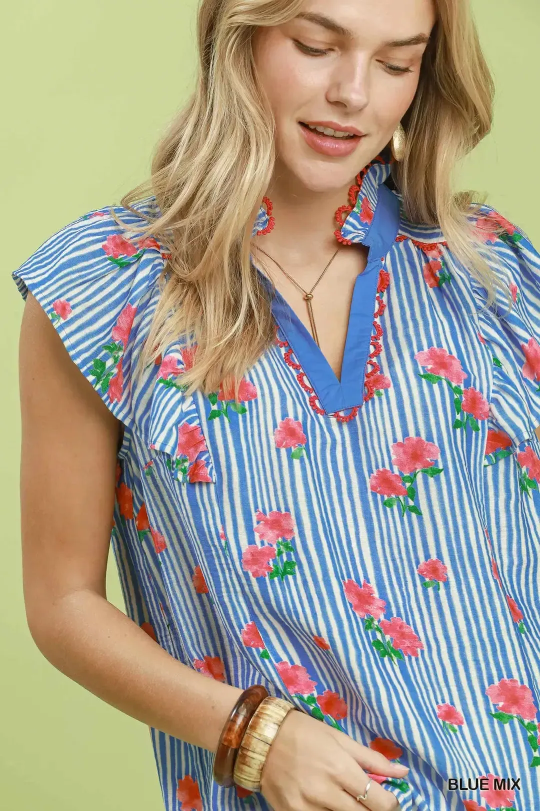 Umgee Striped Floral Ruffle Sleeve Top with Contrast Trim sold by Charming Charlie product image thumbnail 4