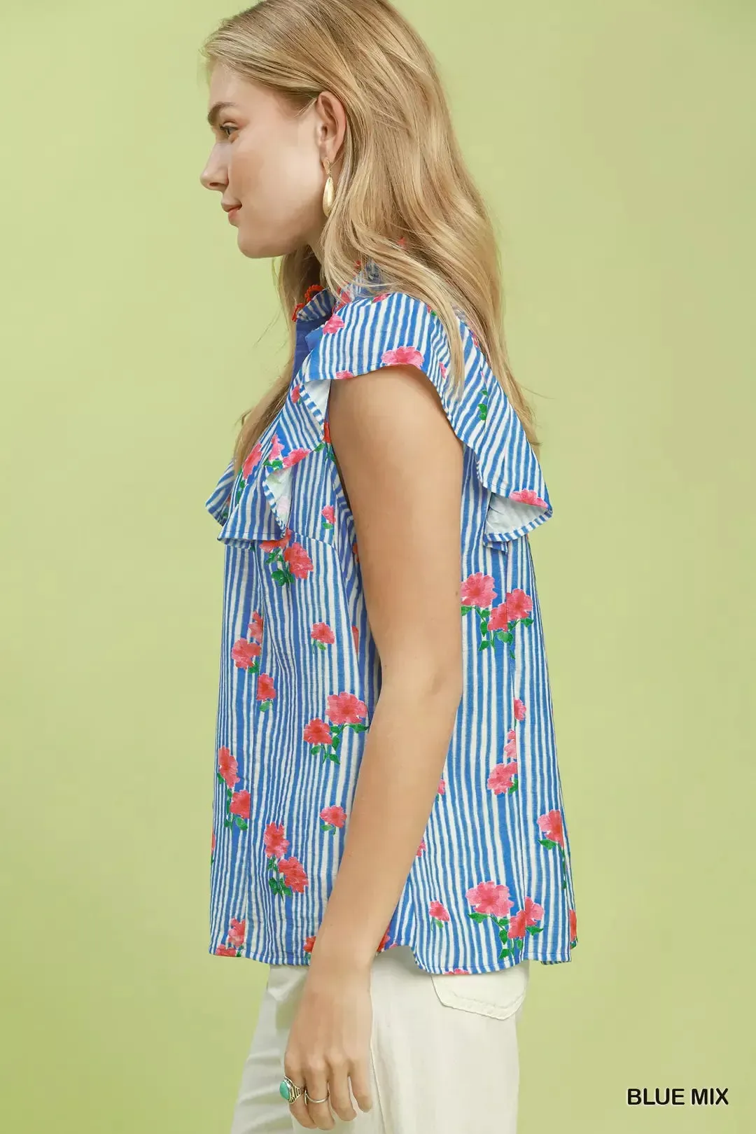 Umgee Striped Floral Ruffle Sleeve Top with Contrast Trim sold by Charming Charlie product image thumbnail 2