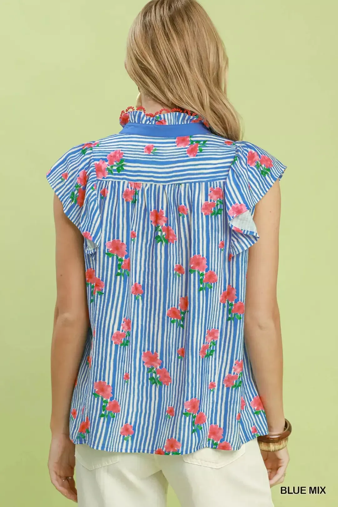 Umgee Striped Floral Ruffle Sleeve Top with Contrast Trim sold by Charming Charlie product image thumbnail 3