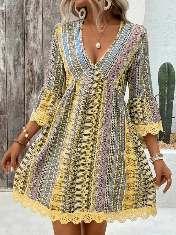 Printed V-Neck A-Line Dress made by Trendsi