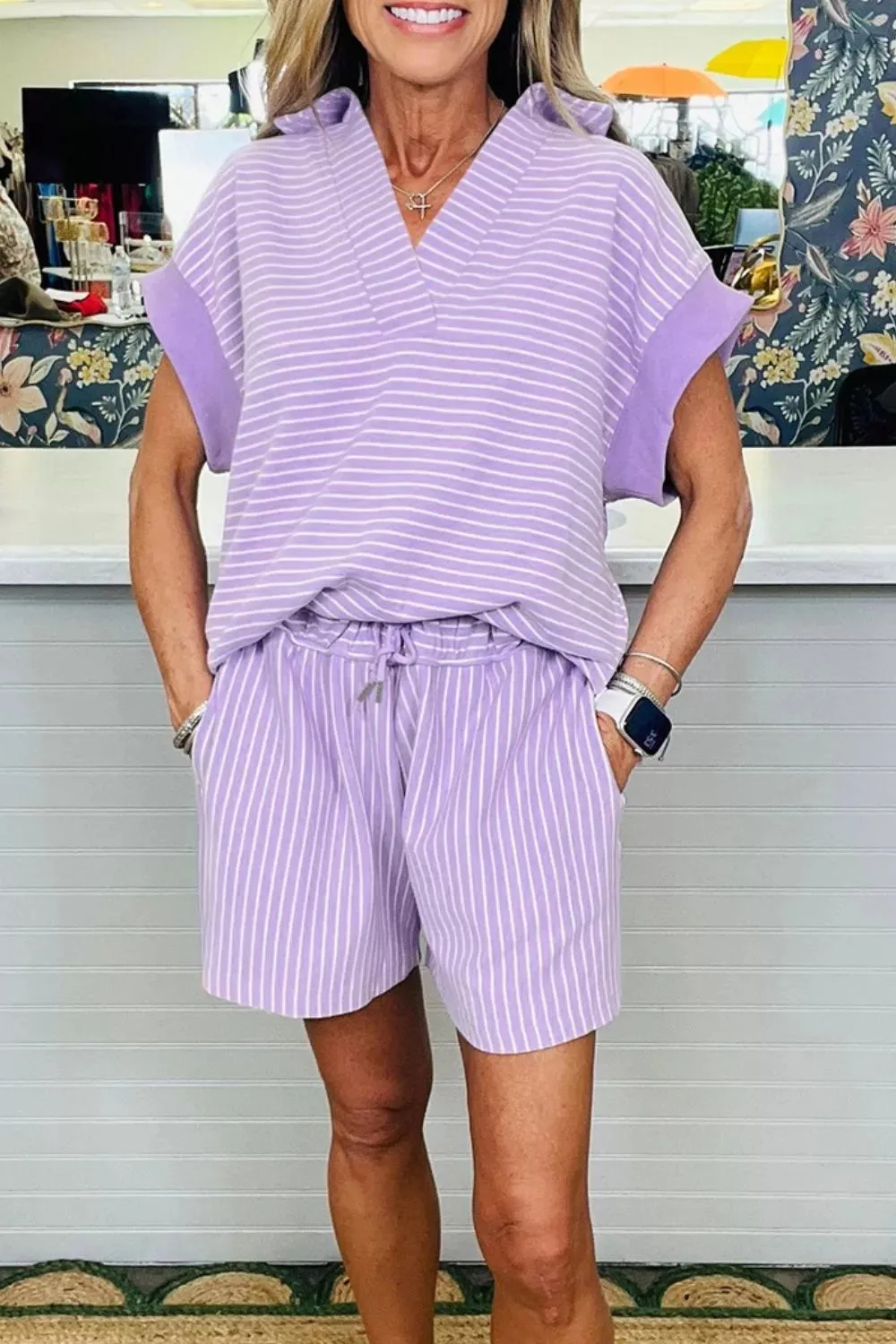 Stripe Dolman Sleeve Polo Shirt and Drawstring Shorts Set sold by Charming Charlie product image thumbnail 4