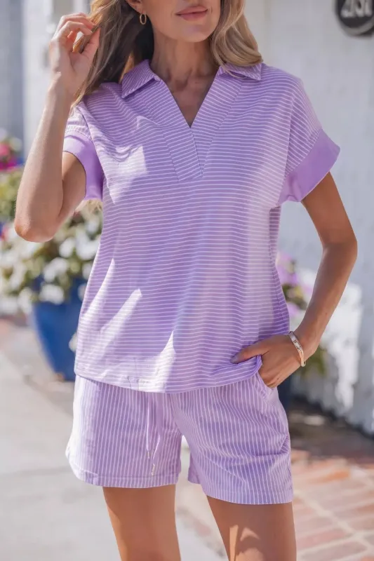 Stripe Dolman Sleeve Polo Shirt and Drawstring Shorts Set made by Trendsi