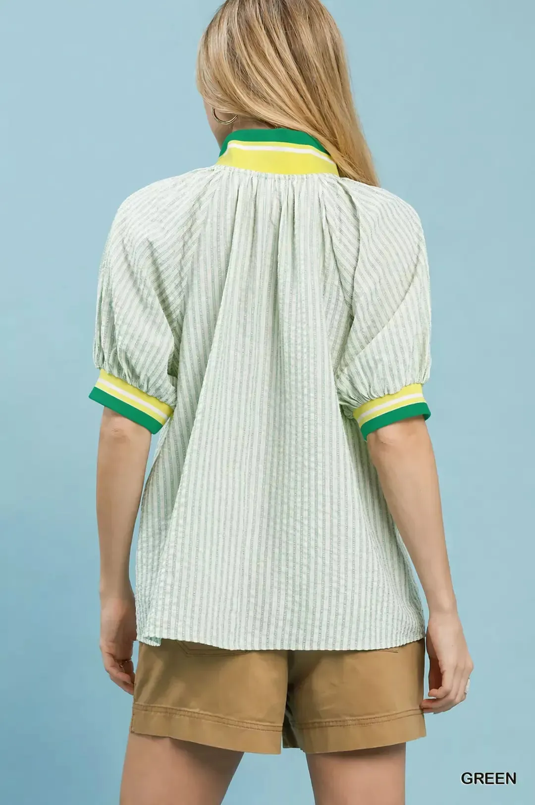 Umgee Botanical Print Puff Short Sleeve Blouse with Contrast Collar sold by Charming Charlie product image thumbnail 3