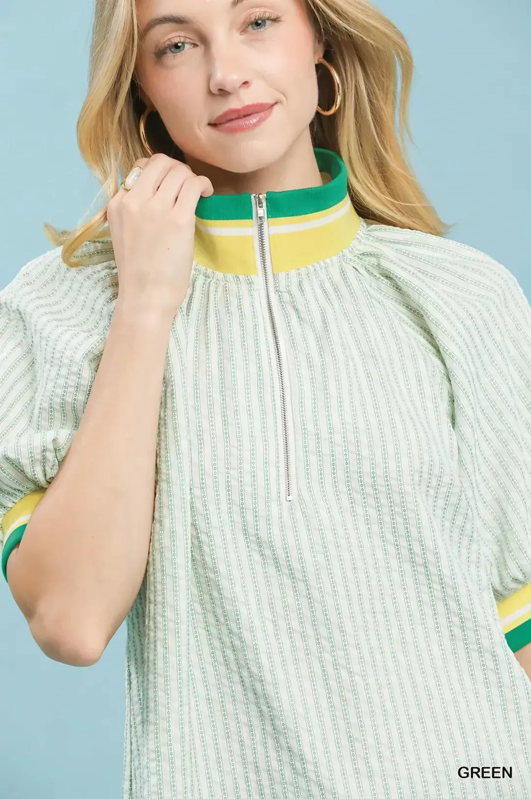 Umgee Botanical Print Puff Short Sleeve Blouse with Contrast Collar sold by Charming Charlie product image thumbnail 4