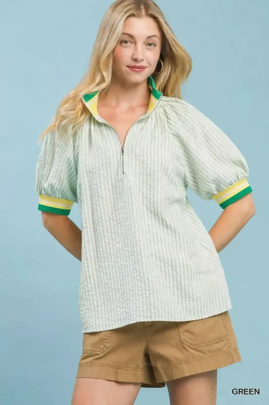 Umgee Botanical Print Puff Short Sleeve Blouse with Contrast Collar made by Trendsi