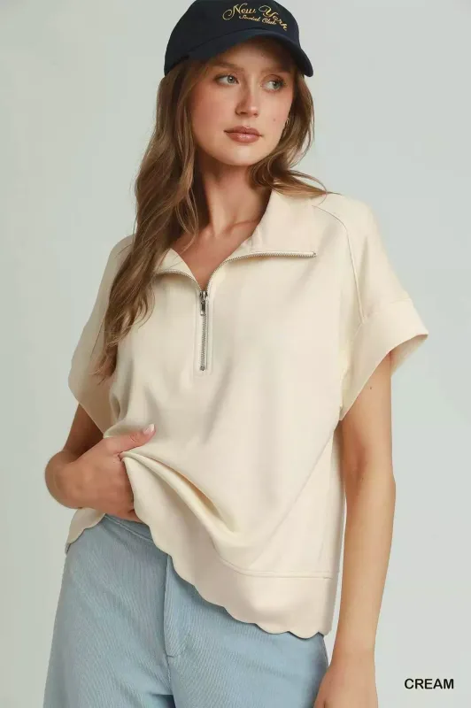 Umgee Half Zip Pullover with Scalloped Edge Hem made by Trendsi