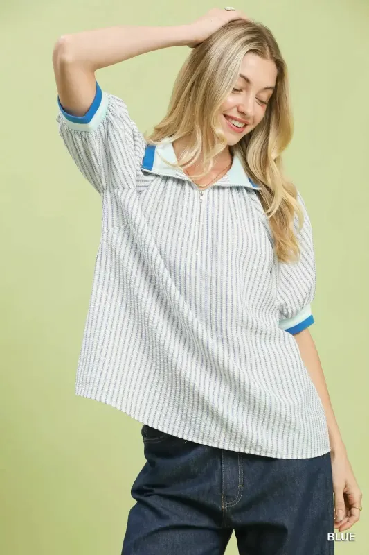 Umgee Botanical Print Puff Short Sleeve Blouse made by Trendsi
