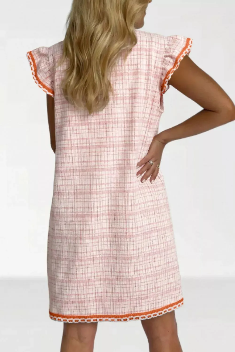 Jacquard Textured Contrast Trim Short Sleeve Tassel Tie Shift Dress sold by Charming Charlie product image thumbnail 2