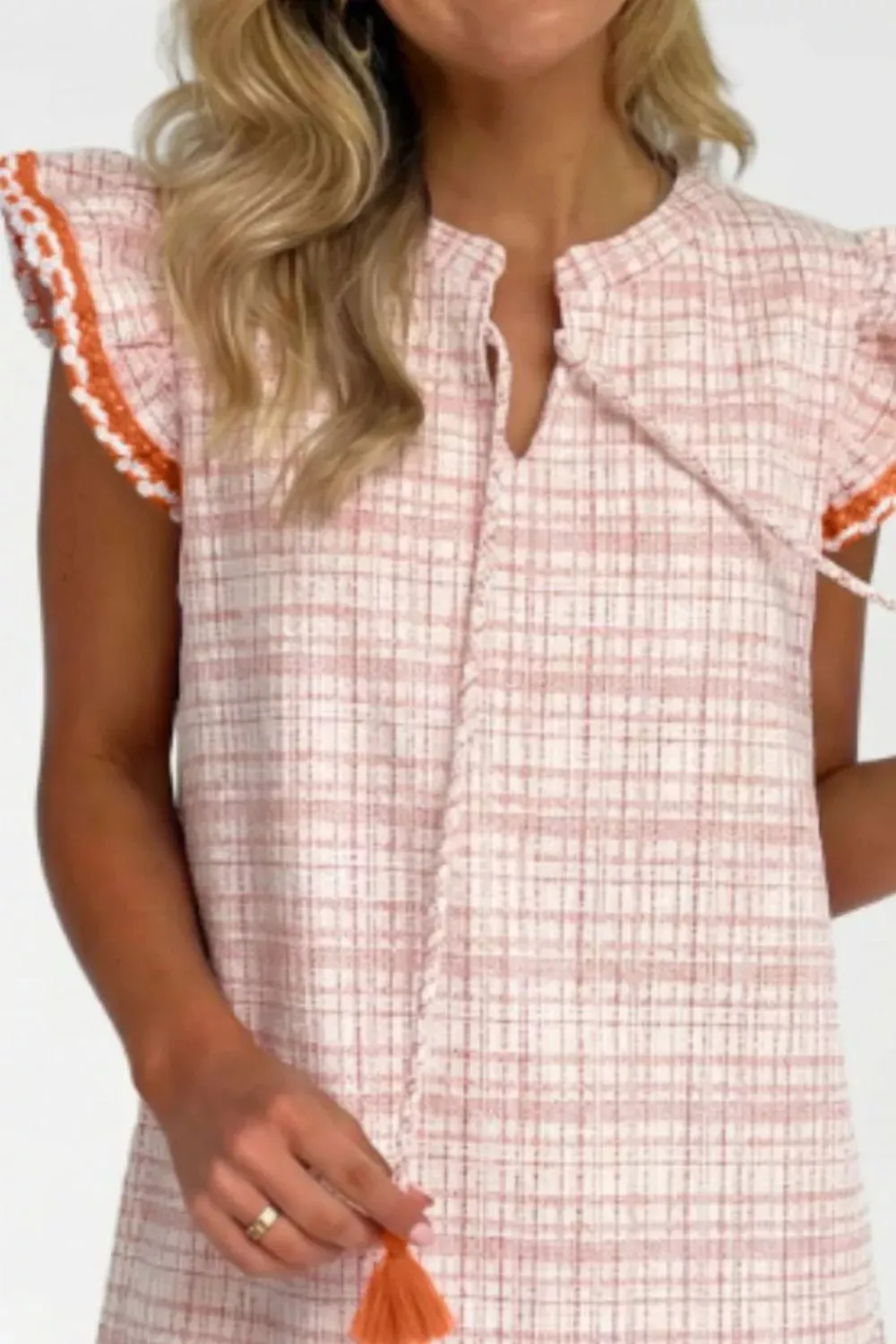 Jacquard Textured Contrast Trim Short Sleeve Tassel Tie Shift Dress sold by Charming Charlie product image thumbnail 3