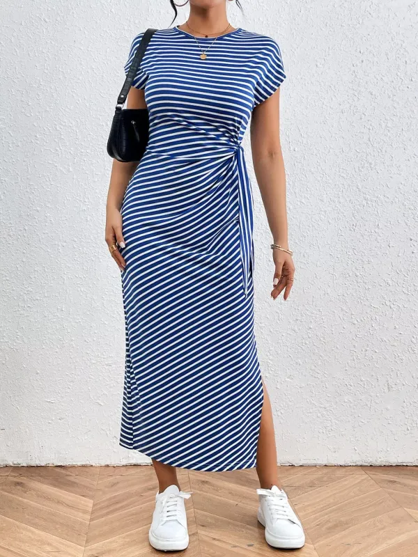 Striped Tie Side Casual Midi Dress made by Trendsi