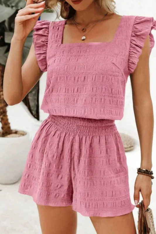 Ruffled Sleeve Textured Top and Shorts Two-Piece Set made by Trendsi
