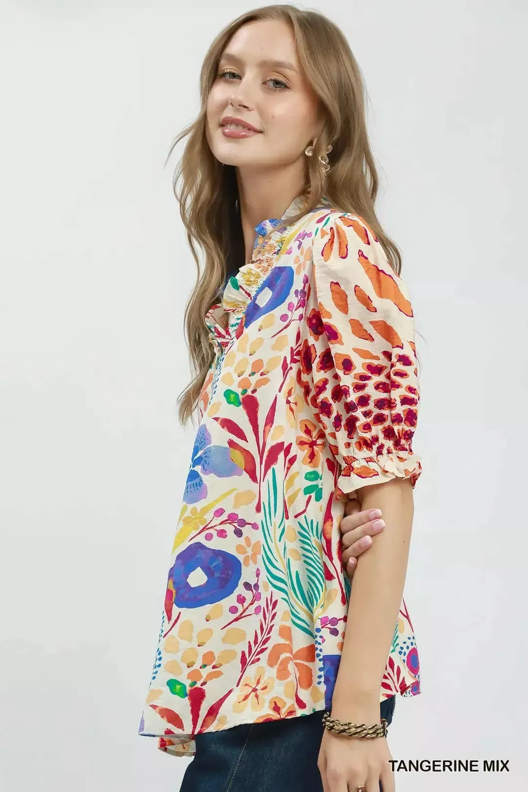 Umgee V-Neck Ruffle Trim Puff Sleeve Top sold by Charming Charlie product image thumbnail 2