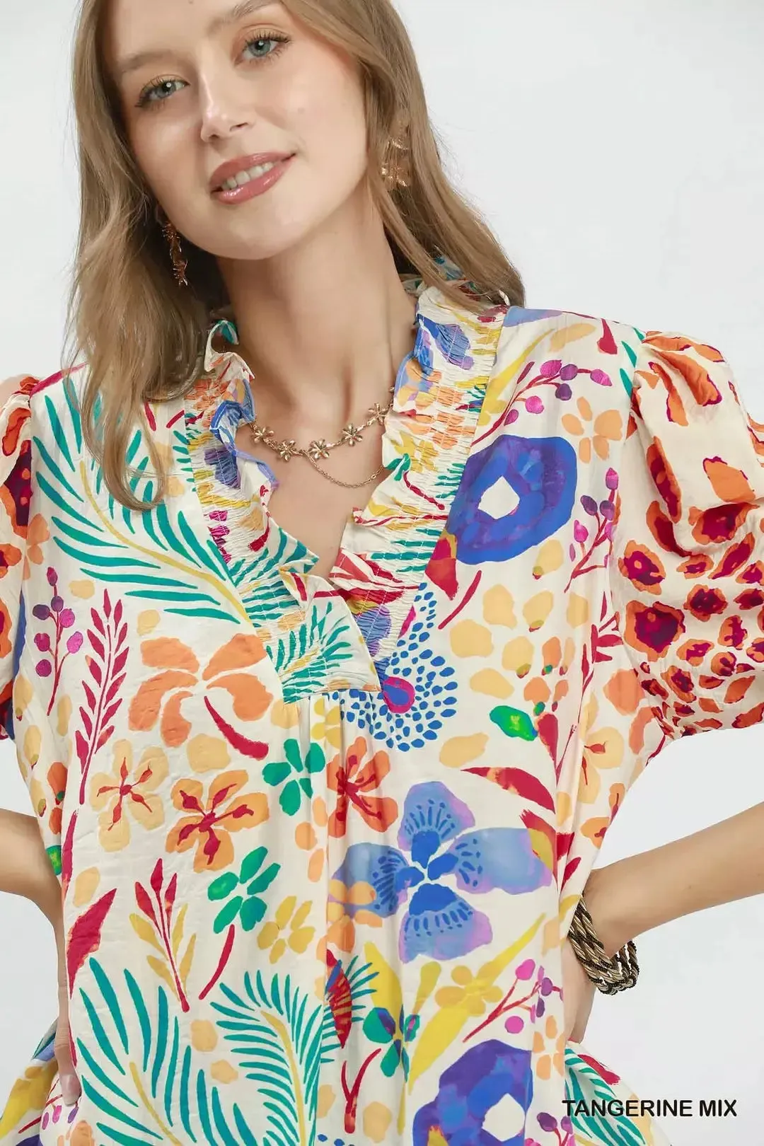 Umgee V-Neck Ruffle Trim Puff Sleeve Top sold by Charming Charlie product image thumbnail 4