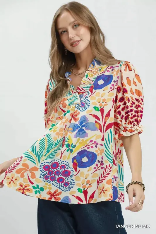 Umgee V-Neck Ruffle Trim Puff Sleeve Top made by Trendsi