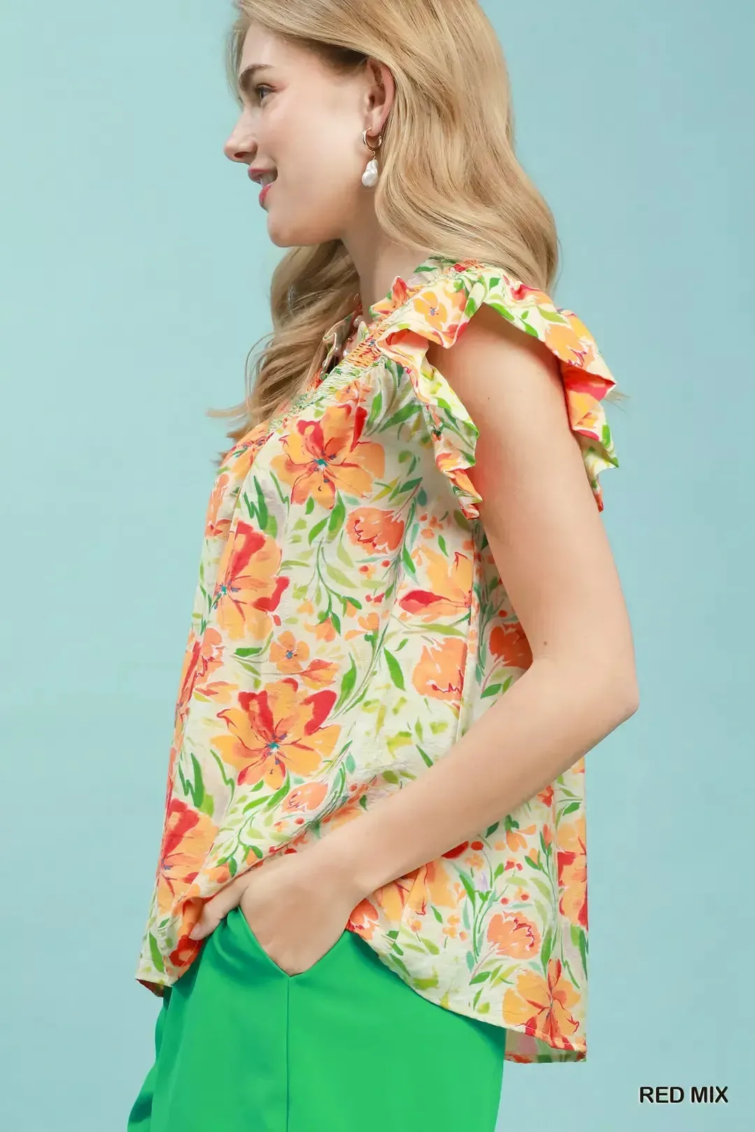 Umgee Smocked Yoke Ruffle Sleeve Floral Blouse sold by Charming Charlie product image thumbnail 3