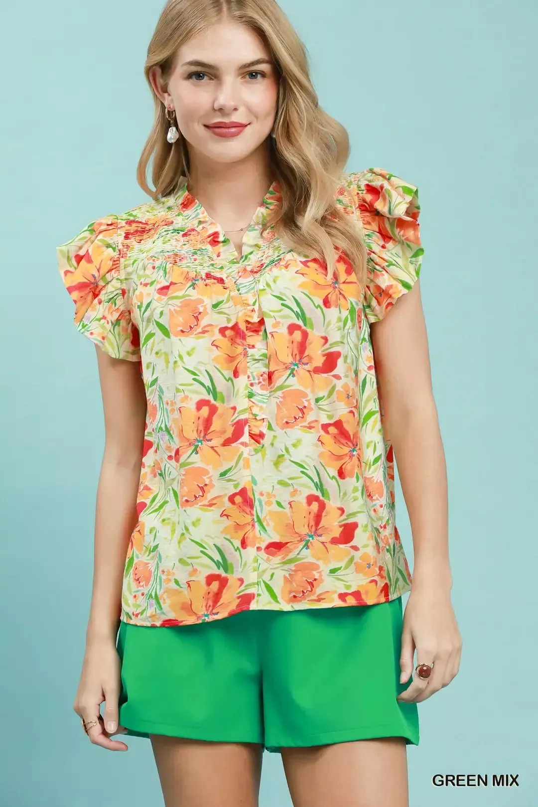 Umgee Smocked Yoke Ruffle Sleeve Floral Blouse sold by Charming Charlie
