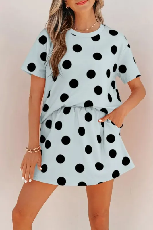 Polka Dot Short Sleeve Top Casual Skort 2pcs Outfit made by Trendsi