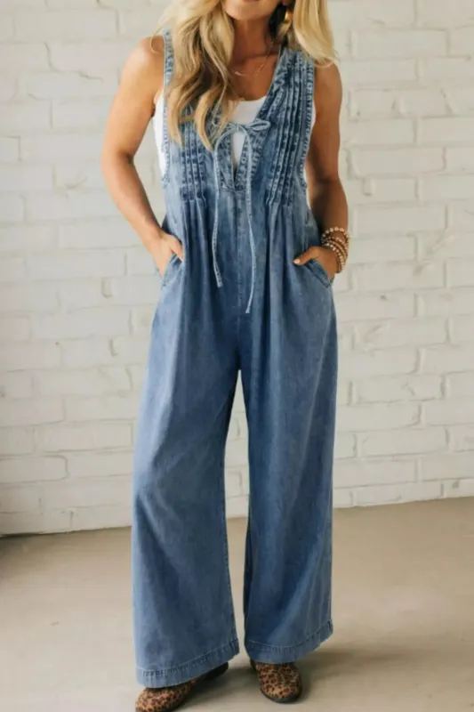 Acid Wash Pintuck Tie V Neck Denim Wide Leg Jumpsuit made by Trendsi