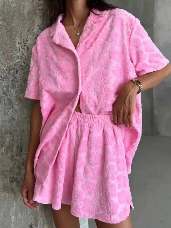 Floral Textured Button Up Shirt and Shorts Set made by Trendsi