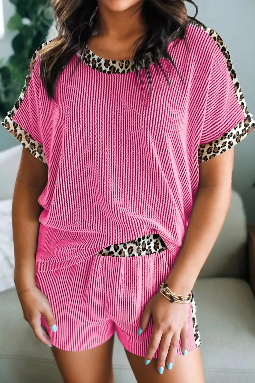 Leopard Trim Twist Ribbed Top and Shorts Set sold by Charming Charlie product image thumbnail 4