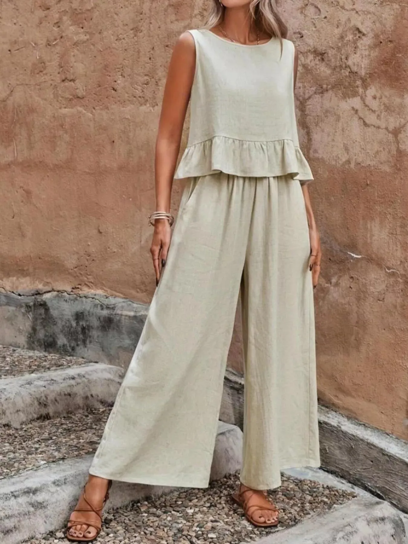 Sleeveless Ruffle Hem Top and Wide Leg Pants Two-Piece Set sold by Charming Charlie product image thumbnail 3