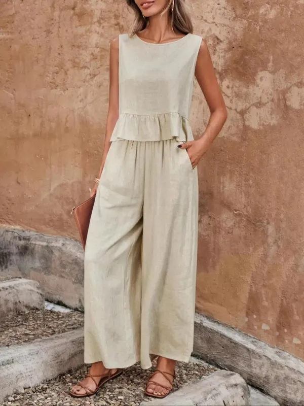 Sleeveless Ruffle Hem Top and Wide Leg Pants Two-Piece Set made by Trendsi