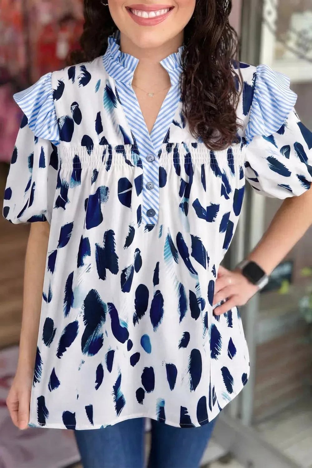 Abstract Animal Print Striped Ruffle Trim V Neck Blouse sold by Charming Charlie product image thumbnail 3