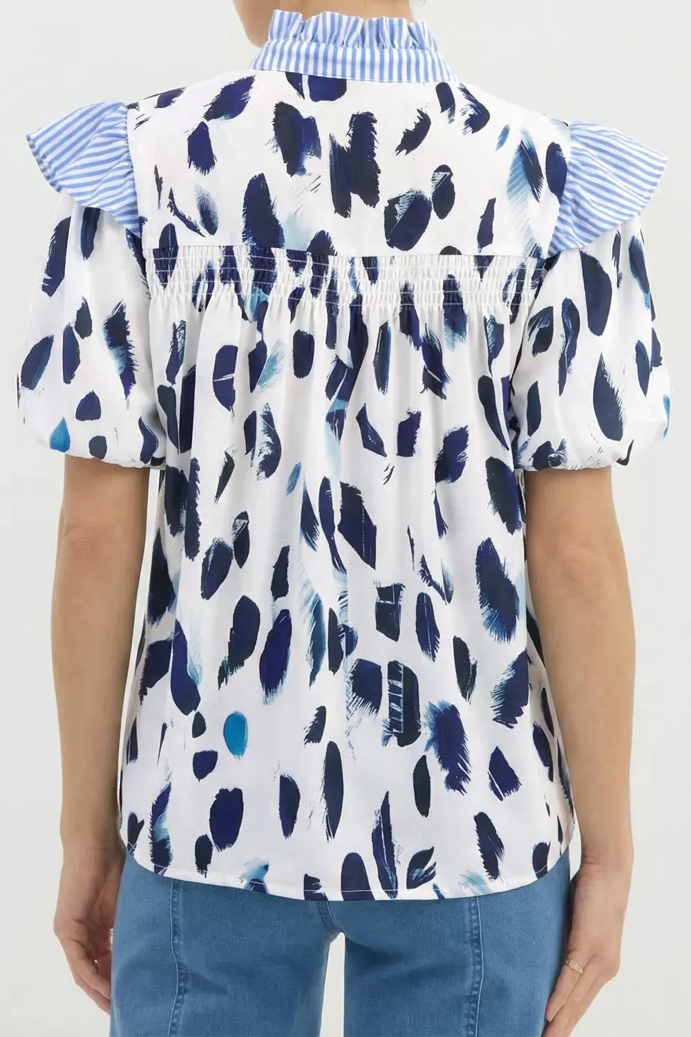 Abstract Animal Print Striped Ruffle Trim V Neck Blouse sold by Charming Charlie product image thumbnail 4