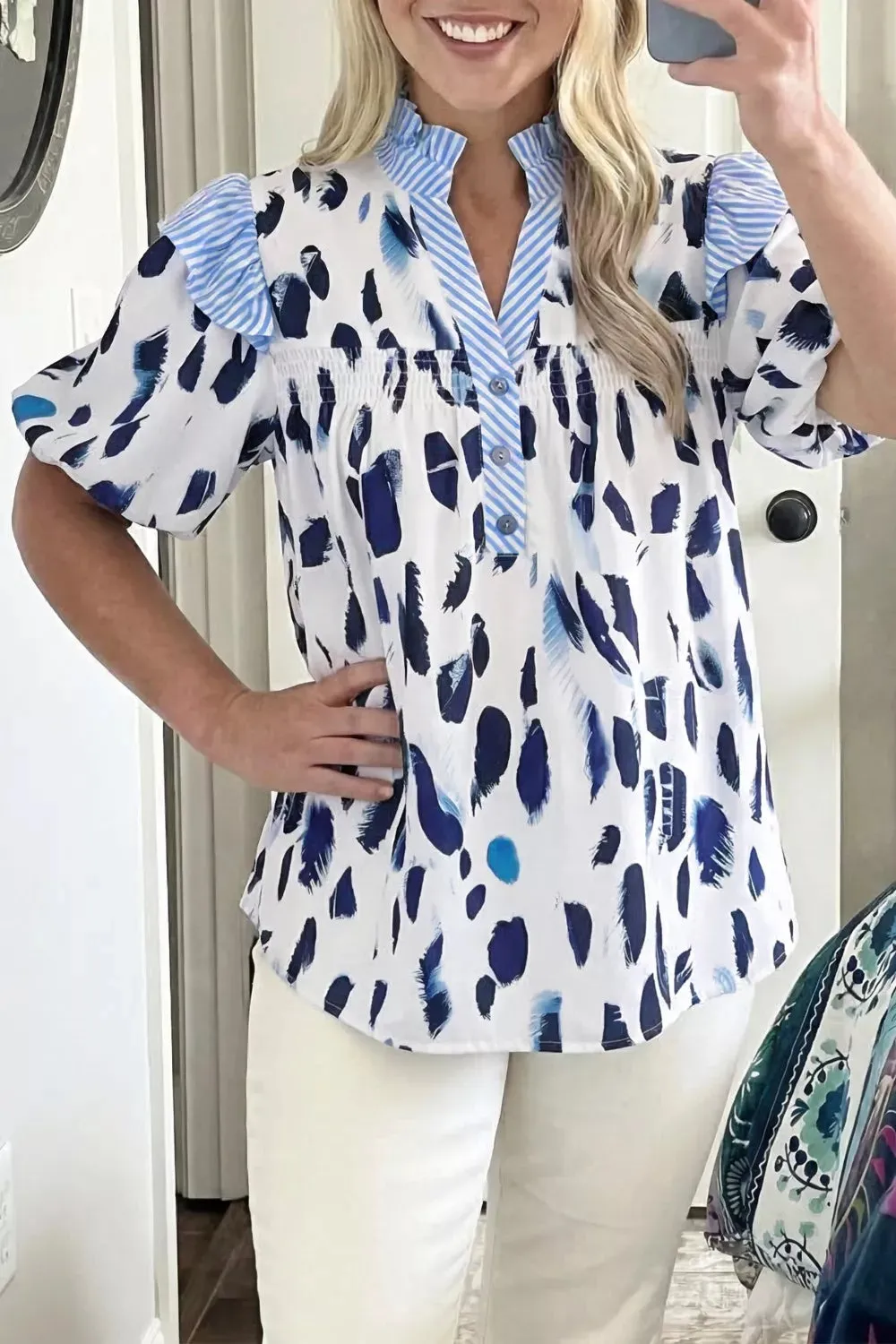 Abstract Animal Print Striped Ruffle Trim V Neck Blouse sold by Charming Charlie product image thumbnail 5