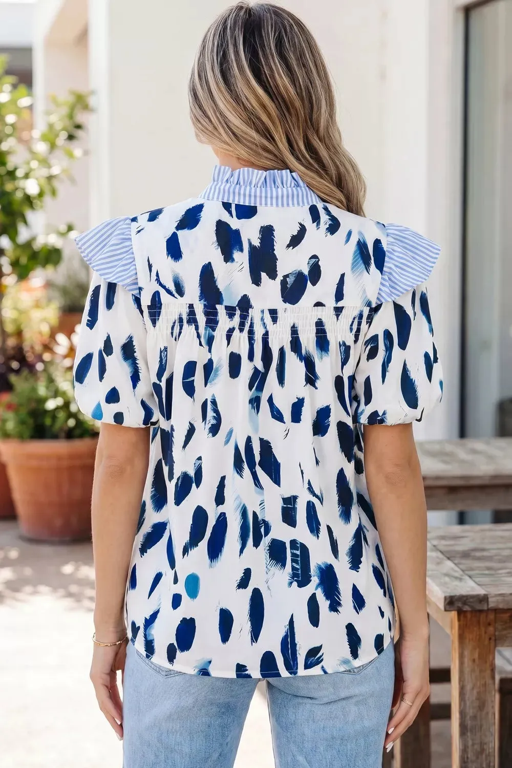 Abstract Animal Print Striped Ruffle Trim V Neck Blouse sold by Charming Charlie product image thumbnail 2