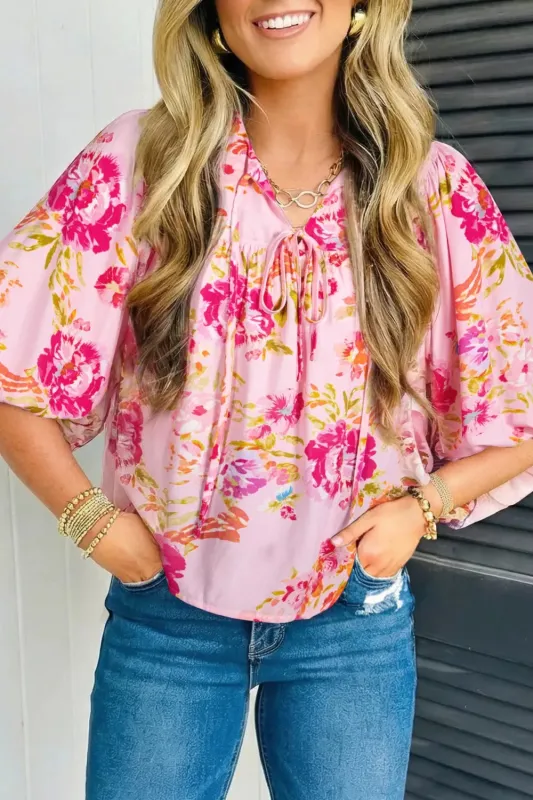 Floral Tie Neck Blouse made by Trendsi