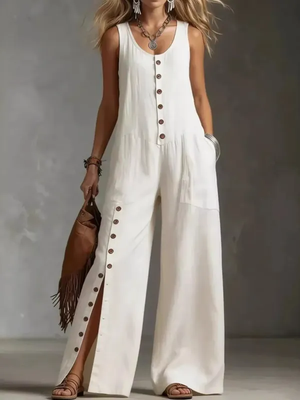 Full Size Sleeveless Button Front Wide Leg Jumpsuit Plus Size made by Trendsi